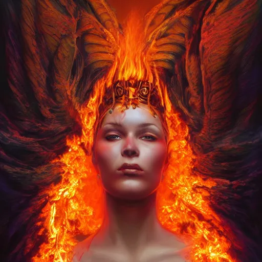 Image similar to A stunning portrait of a goddess, her body engulfed in flames, by Jim Burns, 8K UHD, intricate, fantasy, Trending on artstation.