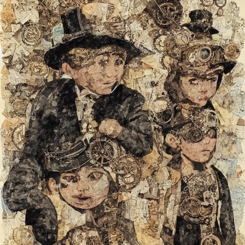 Image similar to steampunk boy with a super detailed and intricate mask, collage in the style of matisse