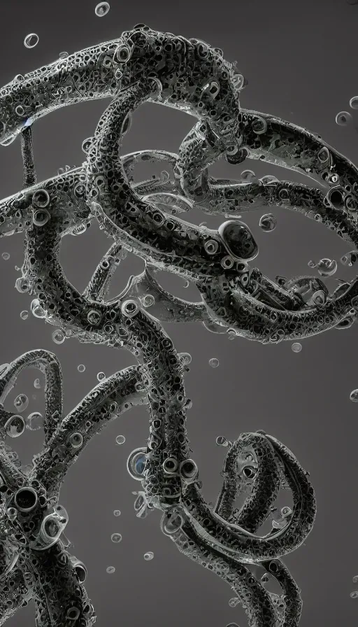 Image similar to a single bio mechanical tentacle, robotic but also organic, made up of lots of small parts, wet, shiny, horror, clinical, octane render, 8k, hyper realistic, super detailed