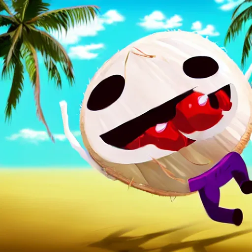 Image similar to The friendly coconut character with a face arms and legs jumps for joy! Action photo. Highly stylized. Anime.