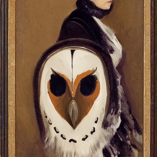 Prompt: a woman with the head of an owl, owl mask, by John Sargent