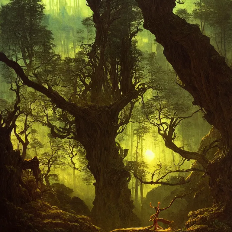 Image similar to a detailed landscape painting inspired by moebius and beksinski of a great forest with path and man with a cape over his head. fantasy poster. cinematic fantasy scene. aurora lighting. fantasy. carl spitzweg. baroque elements. baroque element. intricate artwork by caravaggio. oil painting. award winning. dramatic. trending on artstation. 8 k