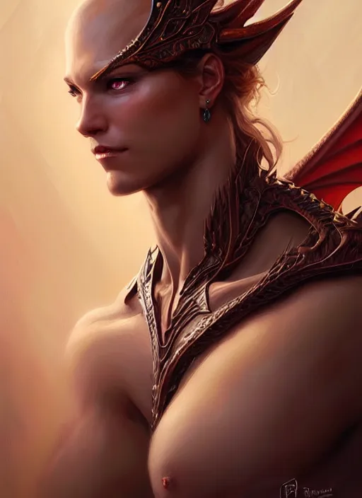 Image similar to ! dream a human fusion with a dragon, d & d, muscular! fantasy, intricate, elegant, highly detailed, digital painting, artstation, concept art, smooth, sharp focus, illustration, art by artgerm and greg rutkowski and alphonse mucha