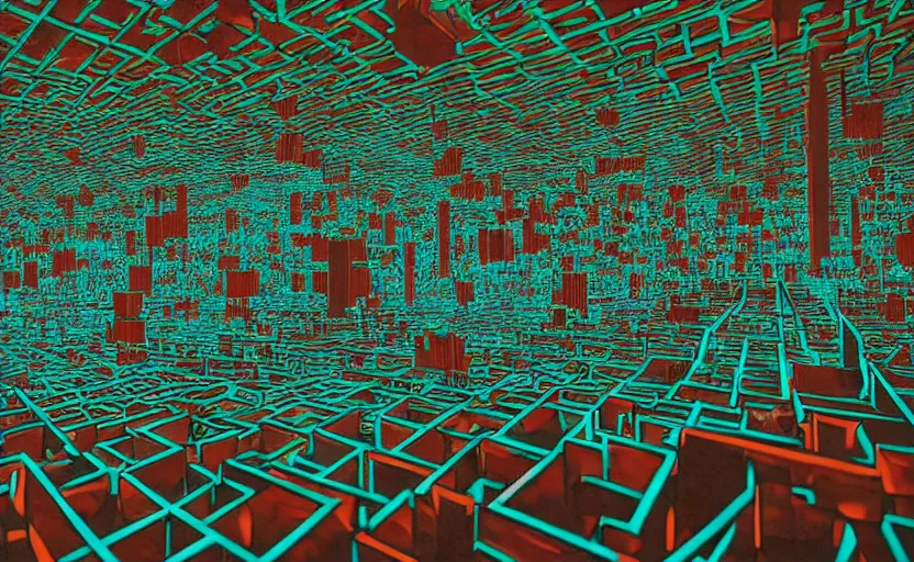 Image similar to interior of an elaborate labyrinth of runic cubes, dark teal, endless maze - like runes, ultrarealistic beautiful cinematic lighting, sharp focus, masterpiece by satoshi kon, crystal cubism, greeble, tesseract, darksynth, high definition