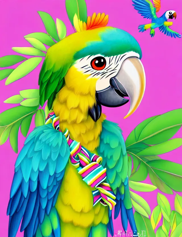 Image similar to a cute anthropomorphic macaw parrot girl anthro wearing a lemon lime ribbon, park background, very anime!!! kawaii!! furry!! intricate details, aesthetically complementary colors, scenic background, art by rising artists with a radically new style. trending on artstation, top rated on pixiv and furaffinity