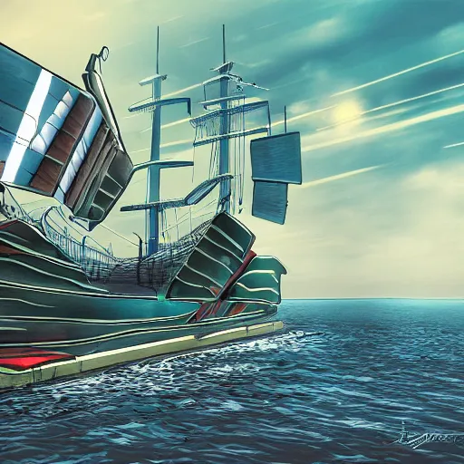 Image similar to marvel comic style, futuristic sail ship with solar panel sails mid-journey, robot sailors, HDR, 8k, digital art