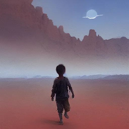 Image similar to a young boy traveling through the desert, painting by Greg Rutkowski, at dawn