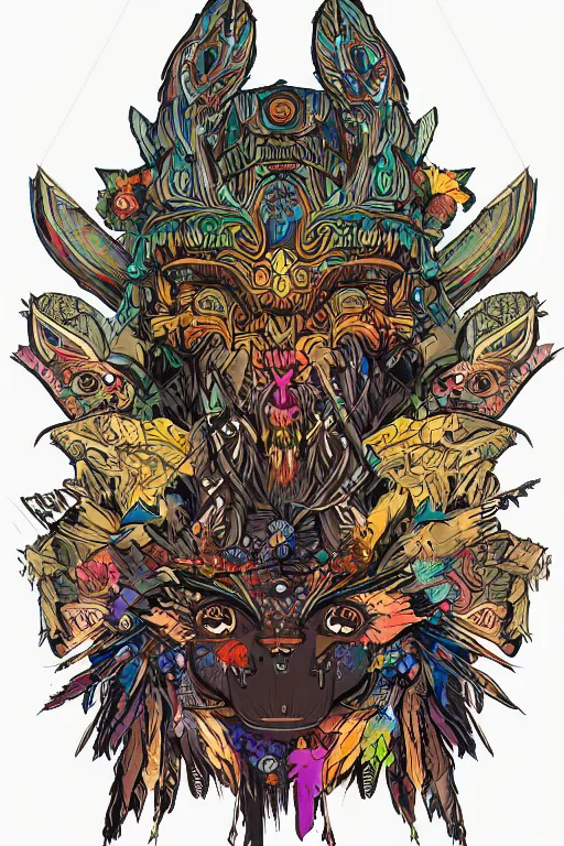 Image similar to animal mask totem roots flower tribal feather gemstone plant wood rock shaman vodoo video game vector cutout illustration vivid multicolor borderlands comics by josan gonzales and dan mumford radiating a glowing aura