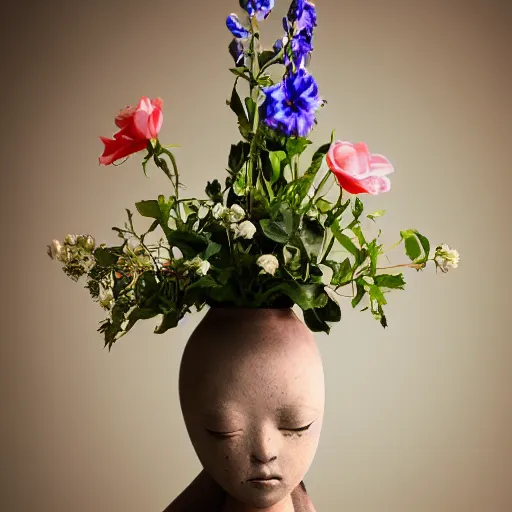 Prompt: studio photo of a ceramic vase, in the shape of a human body. with flowers. baroque details. museum. close up photo. bokeh. photorealistic, ultra detailed.