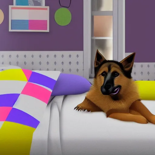 Image similar to eye - level view, in a child's bedroom filled with toys, a super cute gsd runs around in circles on an unmade bed. a colorful comforter is on the bed. hilarious, funny, back to school comedy, cg animation, 3 d octane render, imax 7 0 mm,