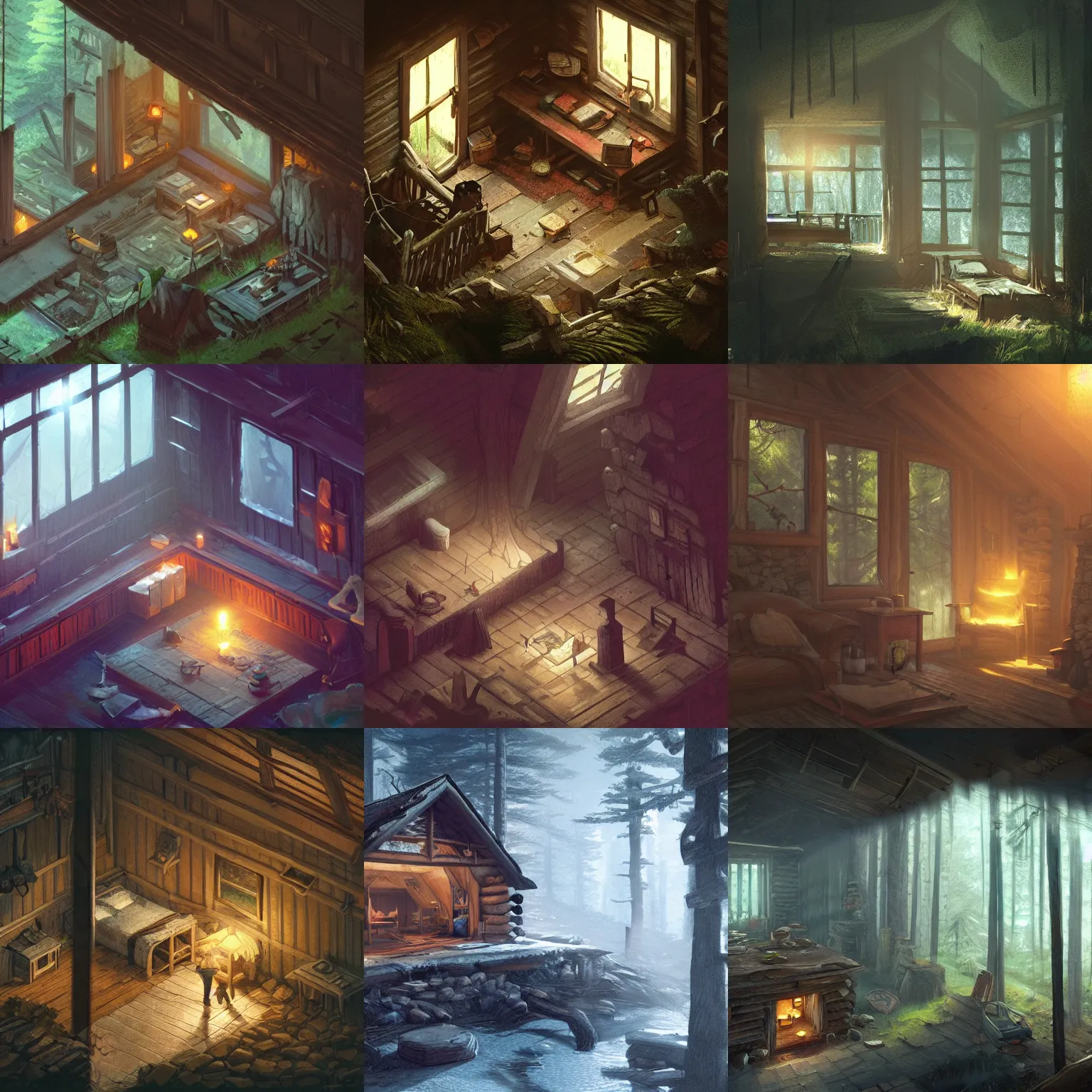 Image similar to concept art of an inside of a cabin in the woods, isometric view, detailed, volumetric lighting, style of greg rutkowski