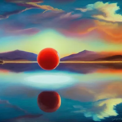 Image similar to largely animated black cube sits in the center, in the air, levitating above a pristine lake with a background of residual peaceful mountains, robustly intricate oil painting, 4 k quality, trending on artstation