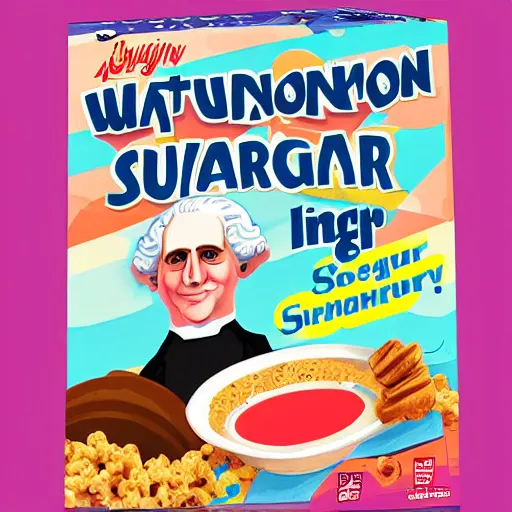 Image similar to silly cover illustration for a box of fat George Washington kids' sugar cereal