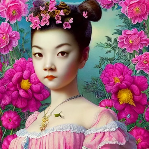 Prompt: a 3 d close up image of a beautiful young women looking at the camera surrounded by lush flowers mark ryden camera, pop japonisme 3 d ultra detailed