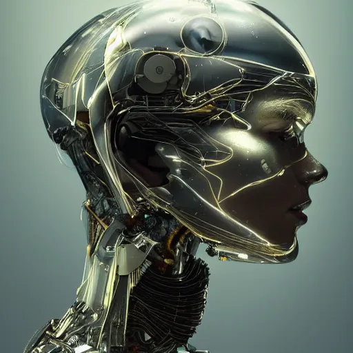 Woman Ai Robot using brain, Humanoid on glowing light background