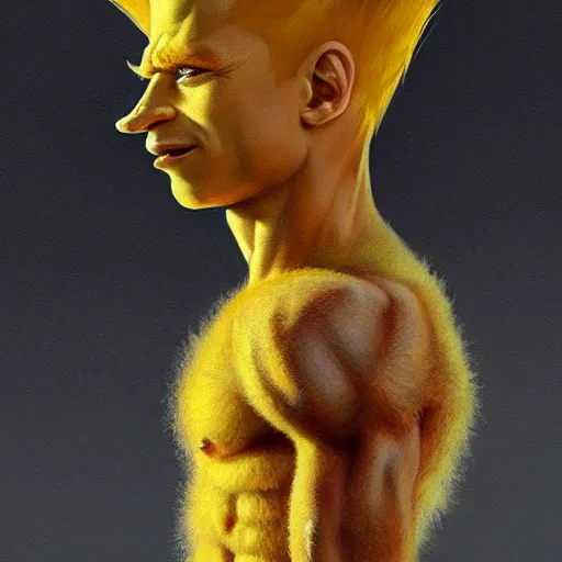 Prompt: portrait of bart simpson as a real human, soft hair, muscular, half body, leather, hairy, d & d, fantasy, intricate, elegant, highly detailed, digital painting, artstation, concept art, smooth, sharp focus, illustration, art by artgerm and greg rutkowski and alphonse mucha