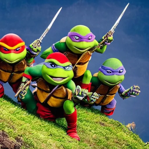 Prompt: teenage mutant ninja turtles on top of a mountain