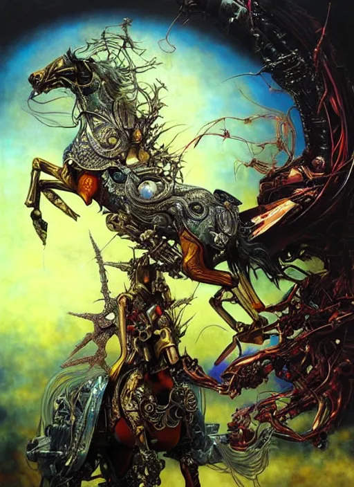 Prompt: An extraterrestrial Performing surgery on the horse. by Ayami Kojima, Amano, Karol Bak, Greg Hildebrandt, Gothic surrealism, intricate, rich deep colors. part by Adrian Ghenie and Gerhard Richter.
