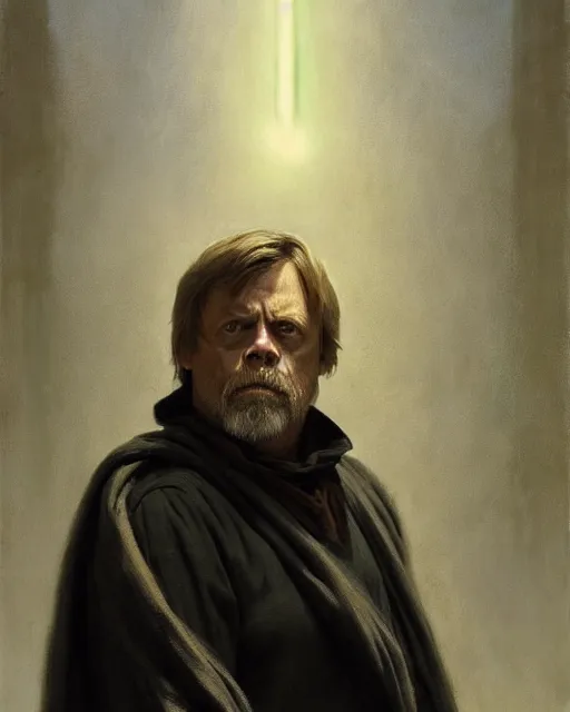 Image similar to mark hamill as a grizzled emanciated drunk jedi knight. fantasy science fiction art by greg rutkowski, gustave courbet, rosa bonheur, edward hopper. faithfully depicted facial expression, perfect anatomy, sharp focus, global illumination, radiant light, detailed and intricate environment, trending on artstation