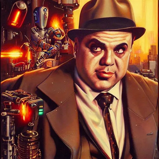 Prompt: uhd hyperrealistic photorealistic detailed image of al capone with sparking, busted, broken cybernetic implants and a smug expression by ayami kojima amano karol bak, greg hildebrandt and mark brooks