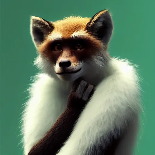 Prompt: fox as a monkey, fluffy white fur, black ears, stunning green eyes, extremely long white tail with black tip, award winning creature portrait photography, extremely detailed, artstation, 8 k, sensual lighting, incredible art, wlop, artgerm