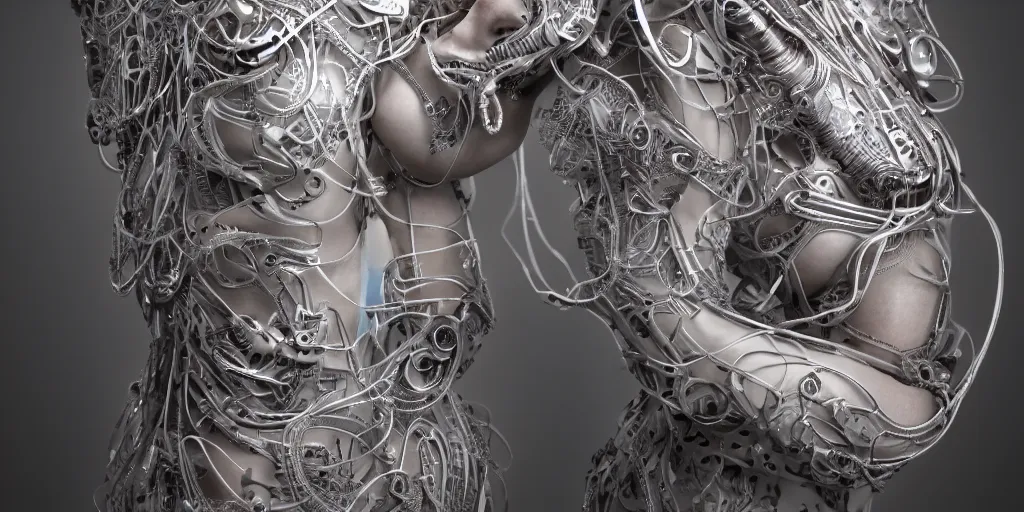 Image similar to hyper realistic photography of a stunningly beautiful cyborg female, plated arm, intimate, chest, holding close, ribbons, in the style of beth cavener, jin kagetsu,, and wlop, highly detailed, intricate filigree, symmetry, masterpiece, award winning, sharp focus, concept art, highkey lighting, ambient lighting, octane render, 8 k, artstation
