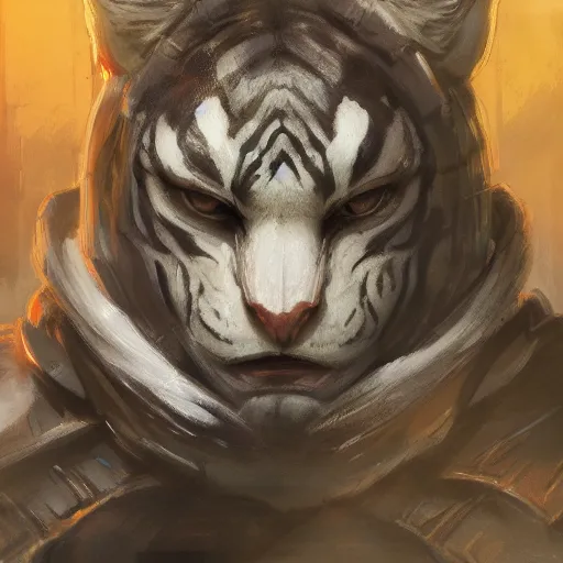 Image similar to portrait male anthro tiger dressed in military clothes character full body precis no blur, concept art, character sheet, nier automata, gaston bussiere, greg rutkowski, tsutomu nihei, cyberpunk, trending on artstation, featured on pixiv, hyper detail, cinematic composition, 8 k