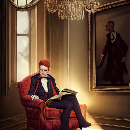 Prompt: VTM concept art lasombra redhead young man with face of Donal Glisson in Victorian clothes is sitting in an vintage armchair reading a book, cinematic lighting, highly detailed, digital art, Renaissance painting, by Leyendecker, by Rutkowsky,