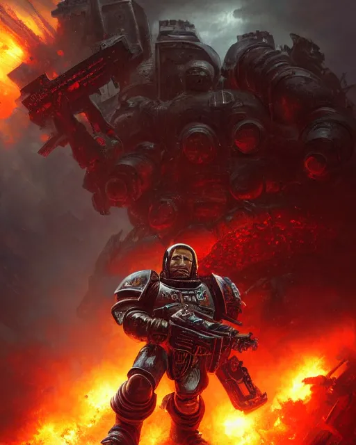 Image similar to space marine surrounded by explosions and burning buildings, sharp focus, hyper detailed, dark fantasy, warhammer 4 0 k, digital painting, by by artgerm and greg rutkowski and magali villeneuve