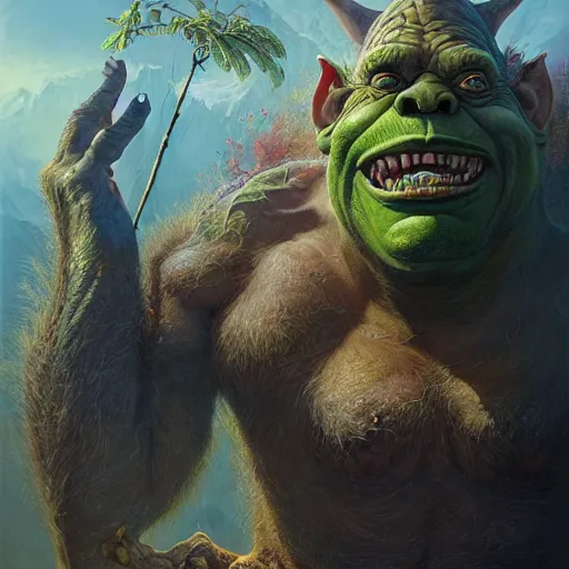 Image similar to a hyperrealistic illustration of a mix of an oger and giant and goblin, 8 k ultra realistic creature, detailed intricate, with fractal sunlight, award - winning, masterpiece, in the style of tom bagshaw, cedric peyravernay, peter mohrbacher