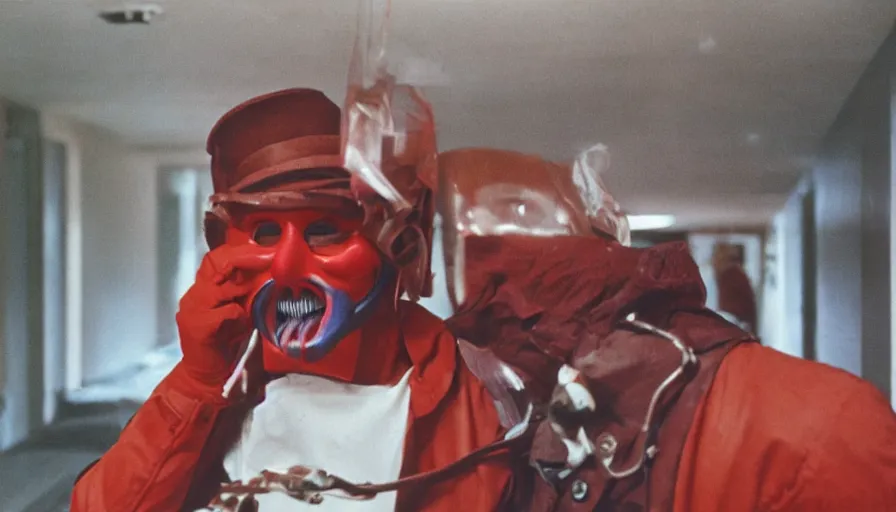 Prompt: 70s movie still of a man with red mask and a spiral in the mouth in hospital, eastmancolor, heavy grain, high quality, higly detailed, liminal space