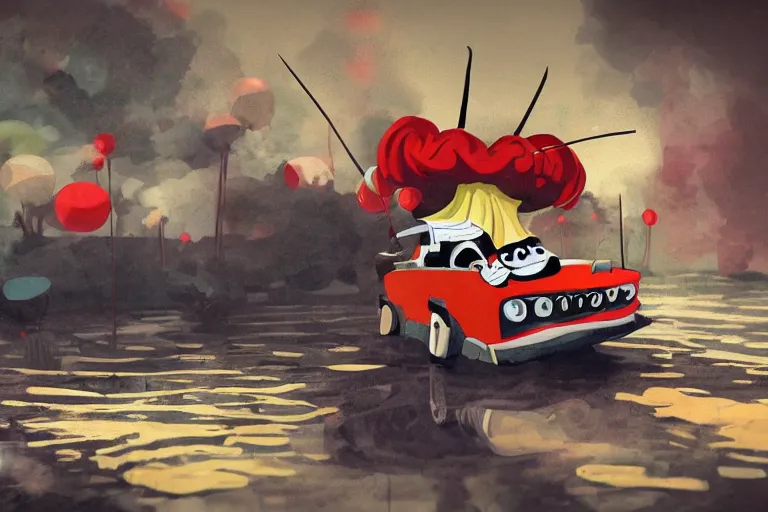 Image similar to samurai jack driving a clown car, photorealistic, detailed and intricate environment