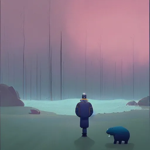 Image similar to a moment of introspection, fantasy, simple, serence, beautiful, meditation, calm, blue by simon stalenhag