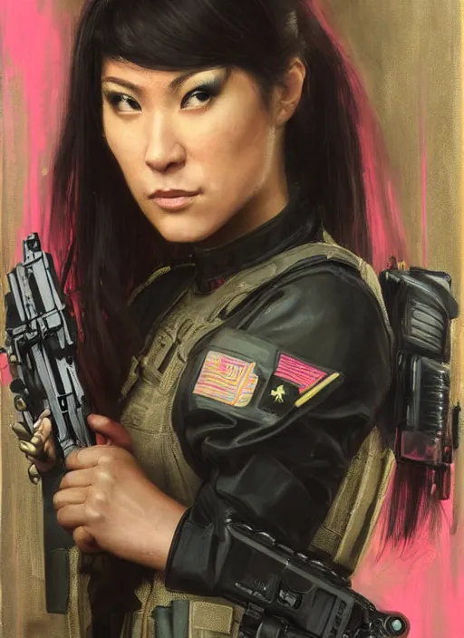 Image similar to Nikki tanaka. beautiful cyberpunk female USN marine wearing a military vest and a black and pink tactical catsuit (cyberpunk 2077, bladerunner 2049). gorgeous face. Iranian orientalist portrait by john william waterhouse and Edwin Longsden Long and Theodore Ralli and Nasreddine Dinet, oil on canvas. Cinematic, hyper realism, realistic proportions, dramatic lighting, high detail 4k