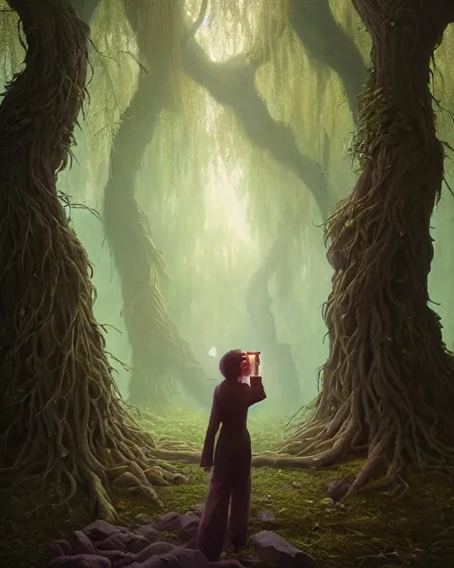 Image similar to highly detailed surreal vfx portrait of a cursed object in a shadowy forest by a willow tree, stephen bliss, unreal engine, greg rutkowski, loish, rhads, beeple, makoto shinkai and lois van baarle, ilya kuvshinov, rossdraws, tom bagshaw, alphonse mucha, global illumination, detailed and intricate environment