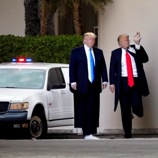 Image similar to Donald Trump appears as an arrested senior man at Mar-a-Lago, taken away by FBI, photo, press, high quality