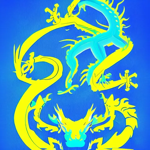 Image similar to illustration neon blue and yellow chinese dragon with ukraine background. trending on artstation