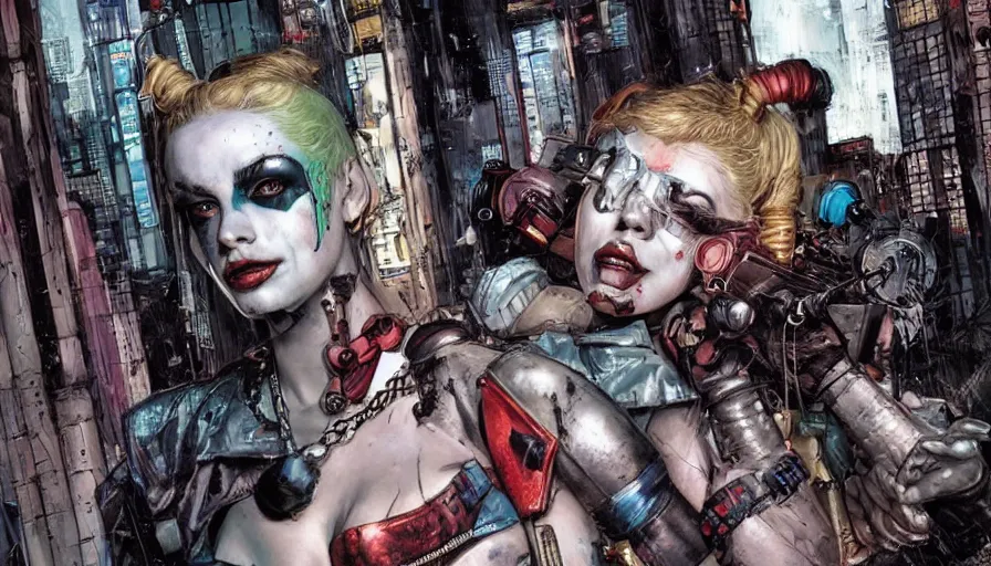 Image similar to a dream portrait of cyberpunk Harley Quinn in post apocalyptic Gotham art by Paul Dini, Travis Charest, Simon Bisley