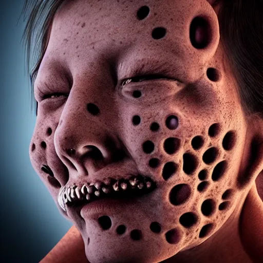 Image similar to a person with disgusting holes in his skin, horror, trypophobia, realistic, volumetric lighting, extremely detailed