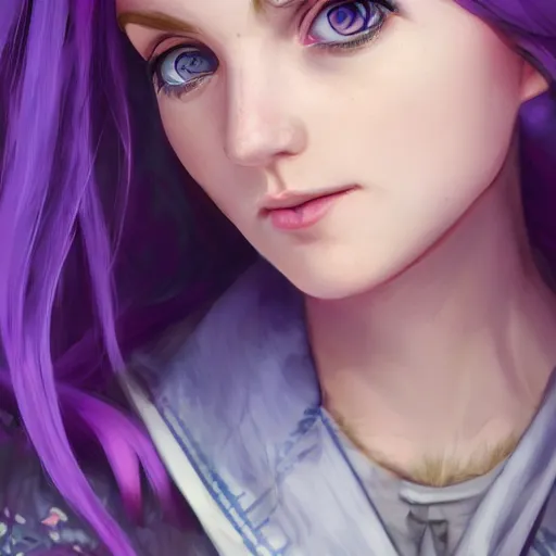 Image similar to Abigail from stardew valley, purple hair, blue eyes, farm background, large eyes, cgsociety, realistic, highly detailed, sublime, 16k, smooth, sharp focus, trending on ArtStation, hyperdetailed, volumetric lighting