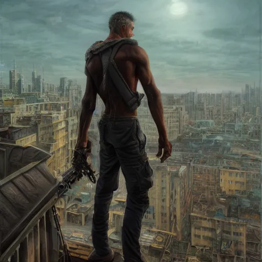 Image similar to an male survivor standing on a rooftop of an abandoned city, dark, atmospheric, detailed, centered, digital painting, artstation, concept art, donato giancola, Joseph Christian Leyendecker, WLOP, Boris Vallejo, Breathtaking, 8k resolution, extremely detailed, beautiful, establishing shot, artistic, hyperrealistic, octane render