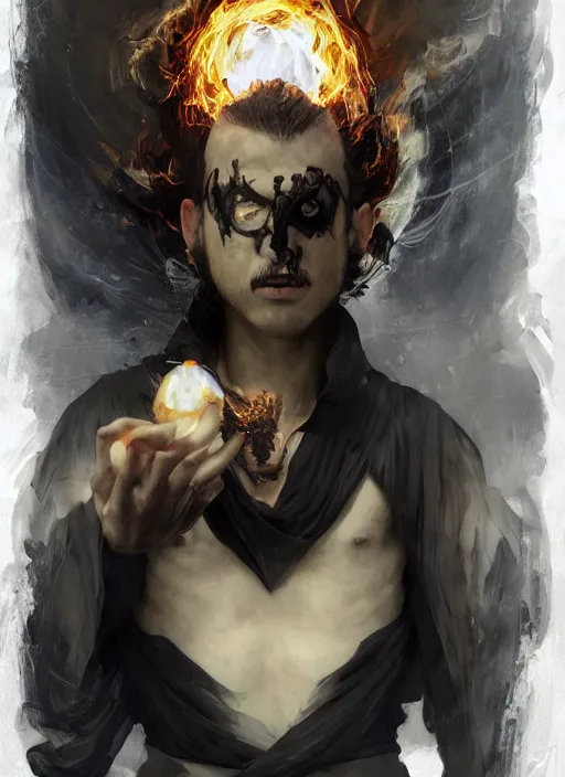 Image similar to character concept portrait of an attractive young angry Spanish wizard with pale black skin and a parital skull mask enchanting a flaming seduction spell, a floating burning spell book in the center, intricate, elegant, digital painting, concept art, smooth, sharp focus, illustration, from Metal Gear, by Ruan Jia and Mandy Jurgens and William-Adolphe Bouguereau, Artgerm