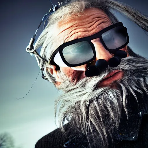 Prompt: Old fishing boat sailor with big grey beard and long white hair and deeply wrinkled face in style of cybernetic cyberpunk, wearing futuristic sunglasses, glowing lenses, led lights, lenses reflect cyberpunk glowing advertisement landscape in lenses+tattered cable knit sweater+large scruffy grey beard+wise eyes+cinematic lighting, full portrait, moody, wet, volumetric lighting