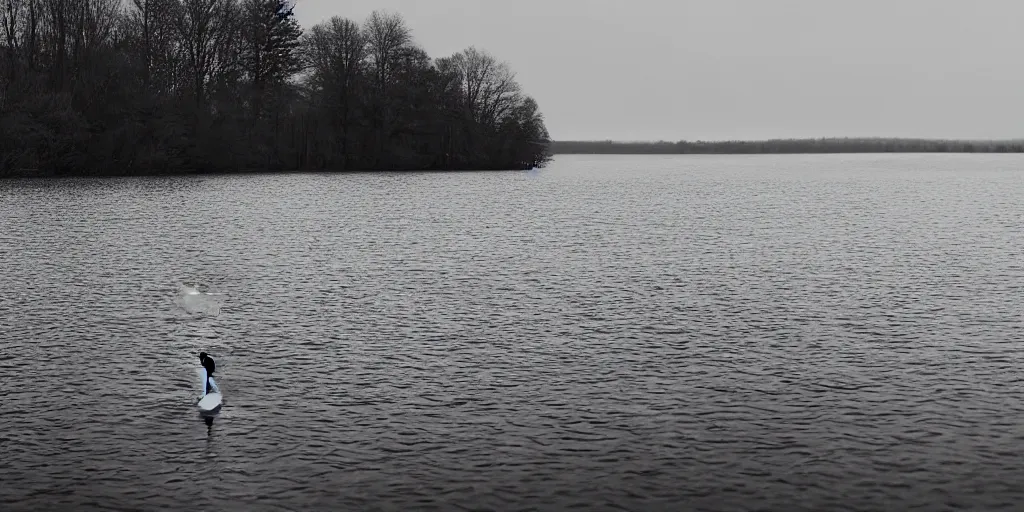 Prompt: centered photograph of a infinitely long rope zig zagging snaking across the surface of the water into the distance, floating submerged rope stretching out towards the center of the lake, a dark lake on a cloudy day, color film, trees in the background, hyper - detailed photo, anamorphic lens