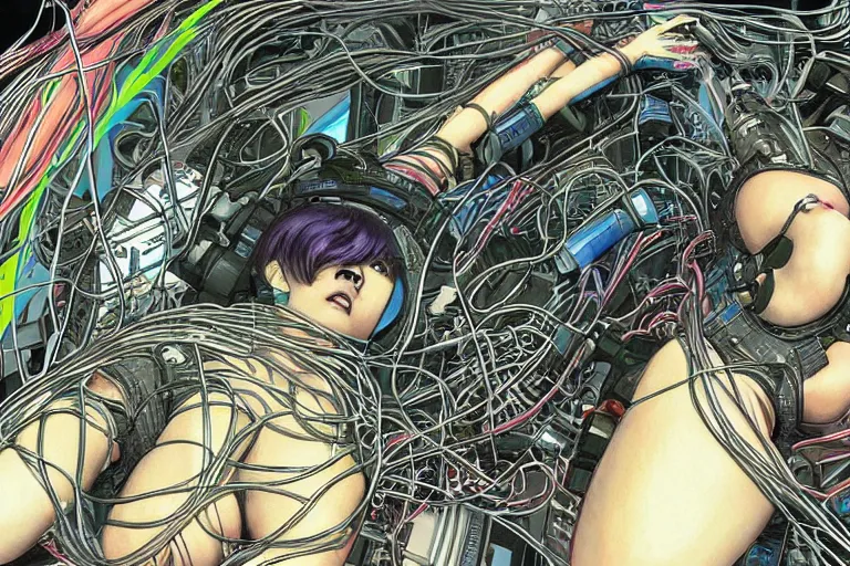 Image similar to an intricate, awe inspiring cyberpunk illustration of a female android body lying open on a labor floor, wires and cables coming out, by masamune shirow and katsuhiro otomo ((colorful)) (((super coherent)))