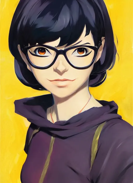 Image similar to Greg Manchess painting of Velma Dinkley in the style of Persona 5, anime style, winged eyelashes, countryside, calm, fantasy character portrait, dark outlines, dynamic pose, above view, sunny day, artwork by Makoto Shinkai, very coherent asymmetrical artwork, sharp edges, perfect face, simple form, 100mm