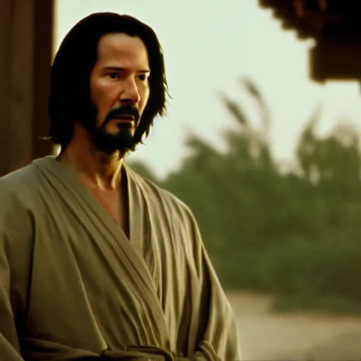 Image similar to cinematic film still of Keanu Reeves starring in a Steven Spielberg film as A Japanese Samurai at a temple, 1999, shallow depth of field, photograph, natural lighting