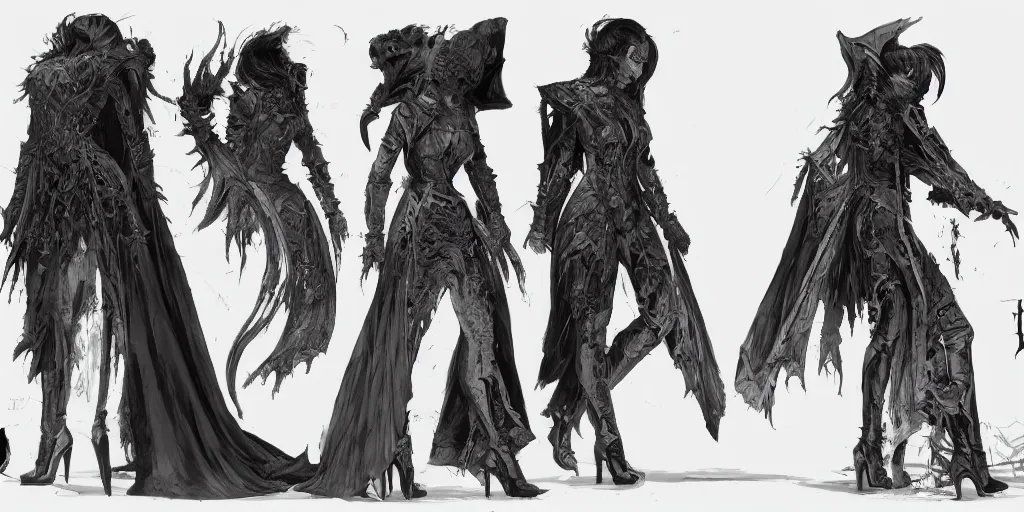 Image similar to gothic character side view detail designs, Milo Manara, Greg Rutkowski, character sheet, Darek Zabrocki, Karlkka, Jayison Devadas, Phuoc Quan, trending on Artstation, 8K, ultra wide angle, pincushion lens effect