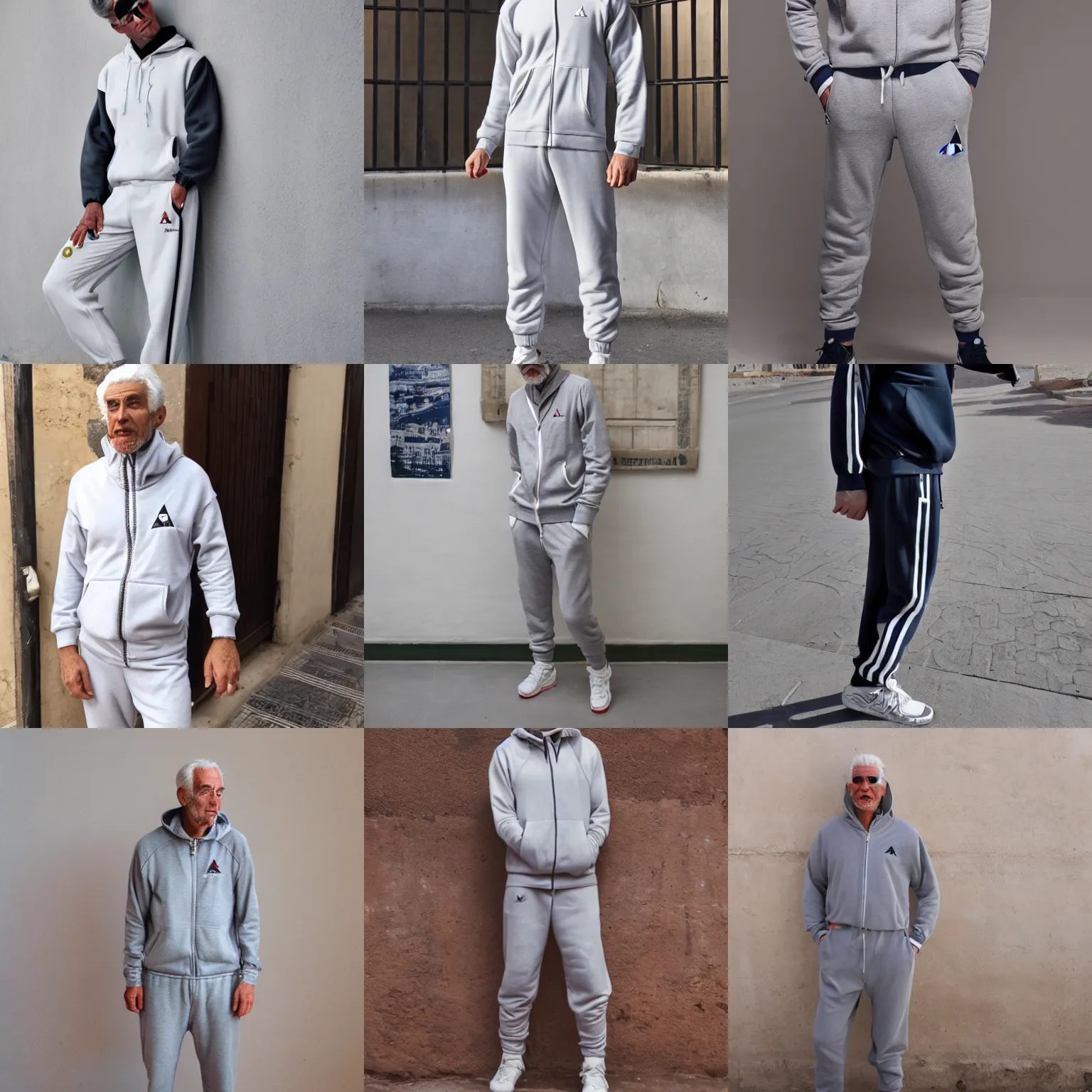 Prompt: an old white gray man wearing gray jogging suit le coq sportif in marroco