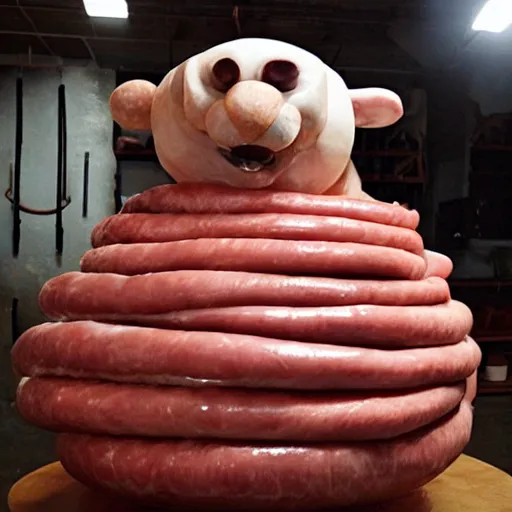 Image similar to a sculpture of chappy, made out of meat